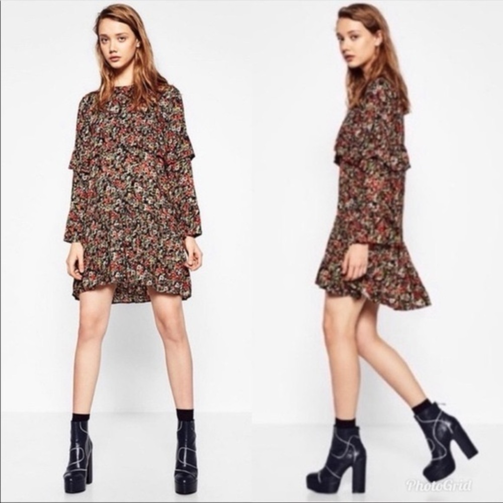 ZARA Dark Floral Print Long Sleeve Mini Dress Size S New with Tags